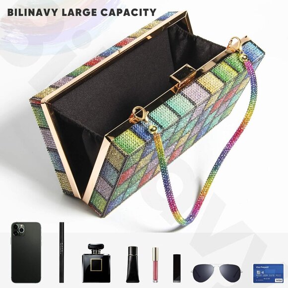 Women Rainbow Shine Clutch Purse, Rainbow Crystal Clutch Purses for Wedding Even - Picture 5 of 6
